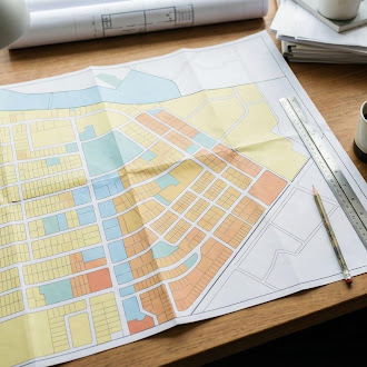 A zoning map laid out on a desk with a ruler and pencil